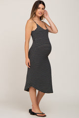 Black Sleeveless Ribbed Striped Maternity Midi Dress