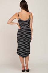 Black Sleeveless Ribbed Striped Maternity Midi Dress