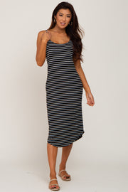 Black Sleeveless Ribbed Striped Midi Dress