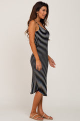 Black Sleeveless Ribbed Striped Midi Dress