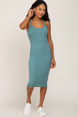 Teal Ribbed Fitted Sleeveless Maternity Dress