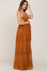 Camel Crochet Lace Open Back Maternity Maxi Dress