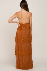 Camel Crochet Lace Open Back Maternity Maxi Dress