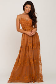 Camel Crochet Lace Open Back Maxi Dress