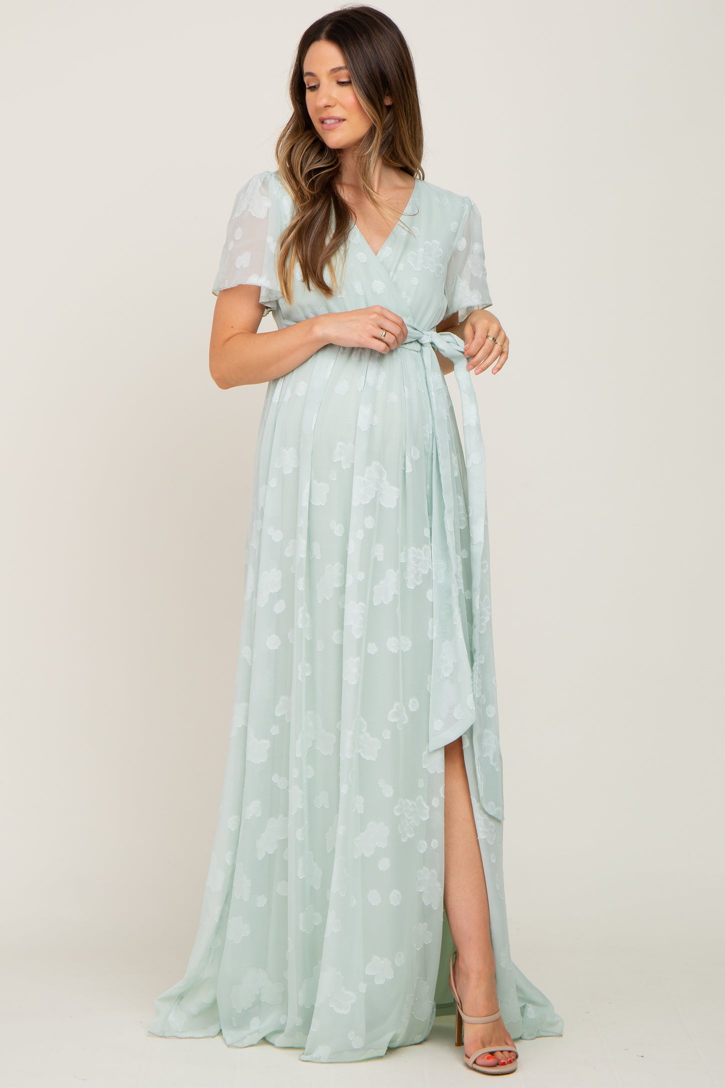 PinkBlush Mint Floral Chiffon Maternity Dress