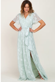 Mint Green Floral Applique Chiffon Maxi Dress