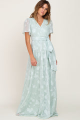 Mint Green Floral Applique Chiffon Maxi Dress