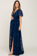 Navy Blue Floral Applique Chiffon Maternity Maxi Dress