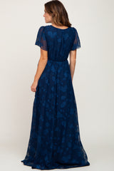 Navy Blue Floral Applique Chiffon Maxi Dress