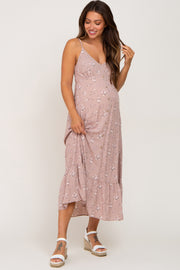 Mauve Floral Sleeveless Button Front Maternity Dress