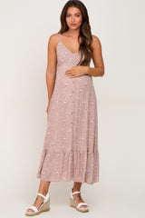 Mauve Floral Sleeveless Button Front Maternity Dress