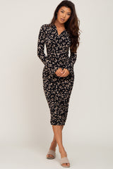 Black Printed Long Sleeve Ruched Dress