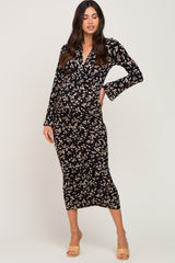 Black Printed Long Sleeve Ruched Maternity Dress