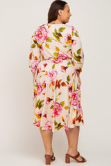 Cream Floral Wrap Front Sash Waist Plus Midi Dress