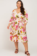 Cream Floral Wrap Front Sash Waist Plus Midi Dress