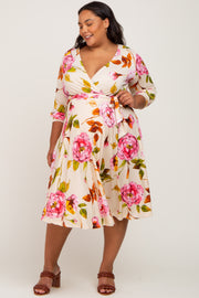 Cream Floral Wrap Front Sash Waist Maternity Plus Midi Dress