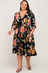 Black Floral Wrap Front Sash Waist Maternity Plus Midi Dress