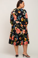 Black Floral Wrap Front Sash Waist Plus Midi Dress