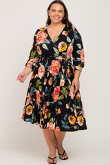 Black Floral Wrap Front Sash Waist Plus Midi Dress