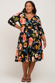 Black Floral Wrap Front Sash Waist Maternity Plus Midi Dress