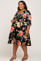 Black Floral Wrap Front Sash Waist Maternity Plus Midi Dress