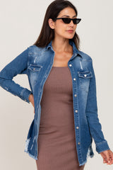 Blue Distressed Frayed Hem Denim Jacket