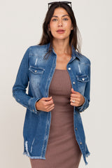 Blue Distressed Frayed Hem Denim Jacket