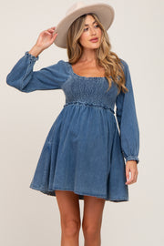 Blue Denim Smocked Maternity Mini Dress