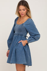 Blue Denim Smocked Mini Dress