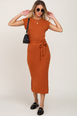 Rust Fitted Side Slit Midi Dress