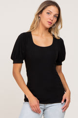 Black Ribbed Puff Sleeve Top