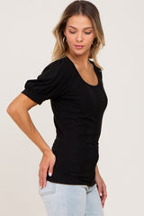 Black Ribbed Puff Sleeve Top