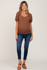 Mocha Ribbed Puff Sleeve Maternity Top