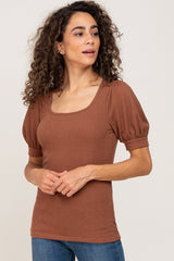 Mocha Ribbed Puff Sleeve Top