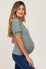 Light Olive Ribbed Puff Sleeve Maternity Top