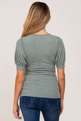 Light Olive Ribbed Puff Sleeve Maternity Top