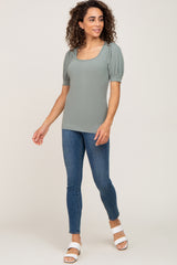 Light Olive Ribbed Puff Sleeve Top