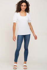 White Ribbed Puff Sleeve Top