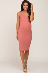 Salmon Ribbed Scoop Neck Sleeveless Maternity Midi Dress