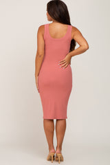 Salmon Ribbed Scoop Neck Sleeveless Maternity Midi Dress