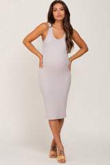 Beige Ribbed Scoop Neck Sleeveless Maternity Midi Dress