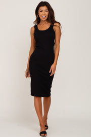 Black Ribbed Scoop Neck Sleeveless Midi Dress