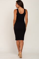 Black Ribbed Scoop Neck Sleeveless Maternity Midi Dress