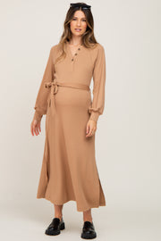 Taupe Button Accent Collared Maternity Maxi Dress