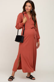 Rust Button Accent Collared Maternity Maxi Dress