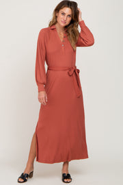 Rust Button Accent Collared Maxi Dress