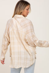 Taupe Plaid Front Pocket Button Up Top