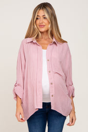 Mauve Rolled Cuff Maternity Button Down Blouse