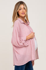 Mauve Rolled Cuff Maternity Button Down Blouse