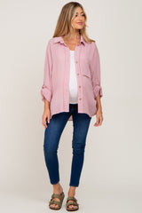 Mauve Rolled Cuff Maternity Button Down Blouse